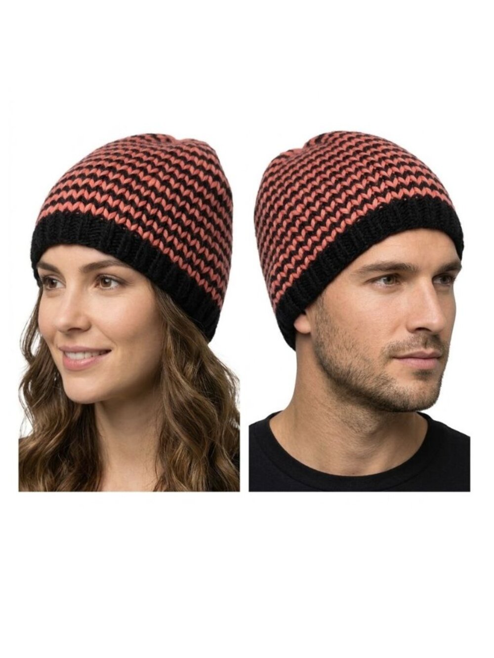 Handmade Chunky Knit Beanie Hat Pink Black Zig Zag Pattern Adult Unisex OS
